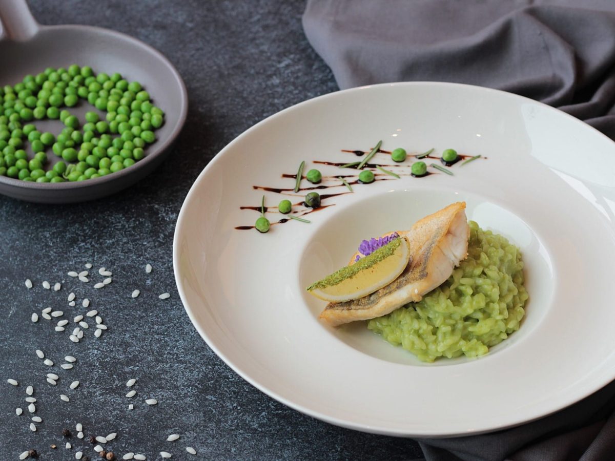 Meerbarbenfilet auf Erbsenrisotto