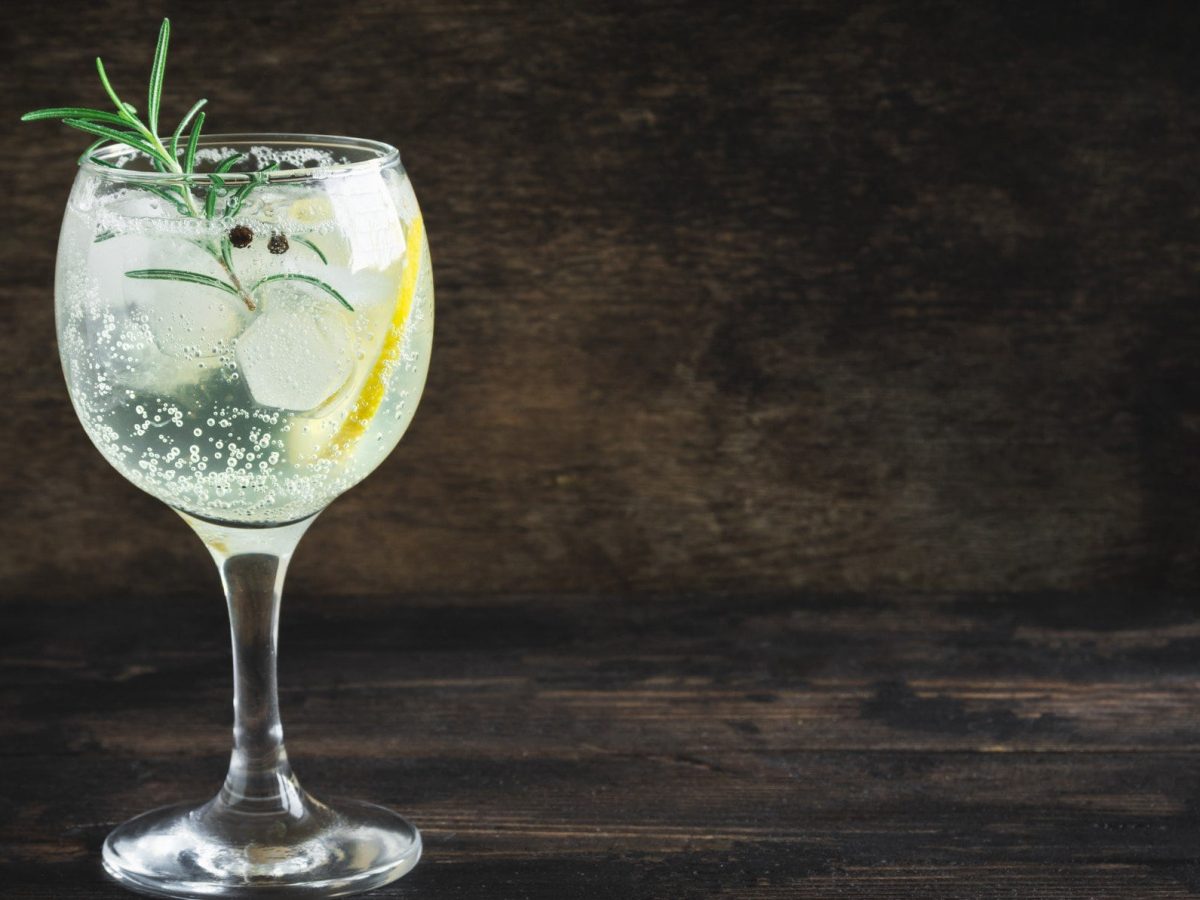 Ein Glas Gin Tonic Spritz mit einer Zitronenscheibe, Rosmarin und Eiswürfeln, vor einem dunklen Hintergrund.