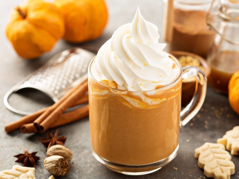 Eine Glastasse mit Pumpkin Spice Latte getoppt mit viel Schlagsahne neben Zimtstangen, Nelken, Muskatnuss, kleinen Kürbissen, Keksen und Gewürzen vor einem grauem Hintergrund.