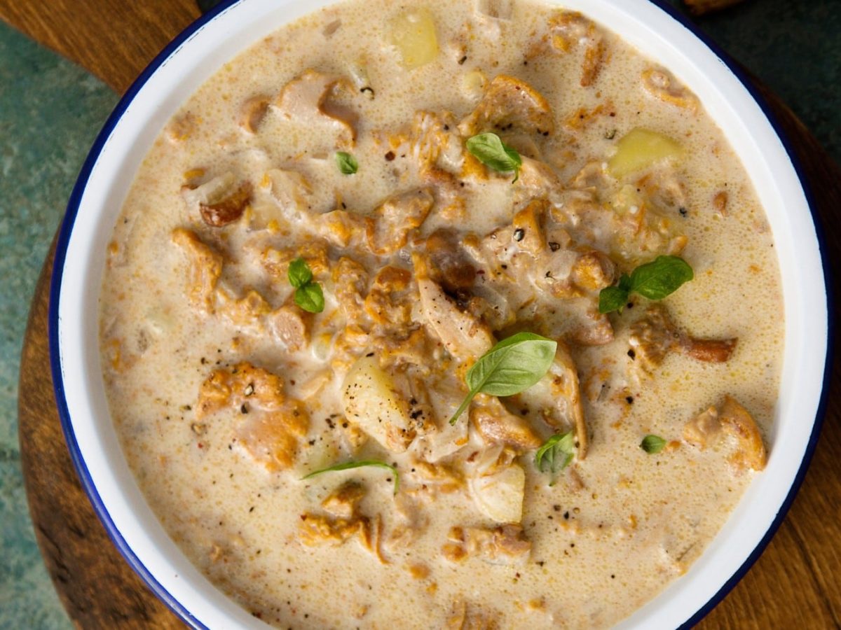 Aus der Vogelperspektive: Eine Schale Kartoffelsuppe mit Pfifferlingen