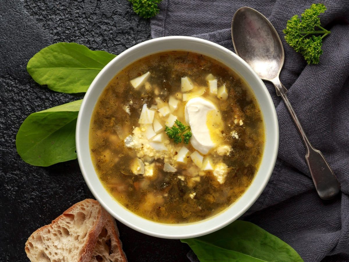 Dampfende Sauerampfer-Suppe in einer weißen Schüssel, umgeben von frischem Sauerampfer, Brot und Petersilie. Die Brühe ist dabei garniert mit gehacktem Sauerampfer, Kartoffeln und gekochtem Ei