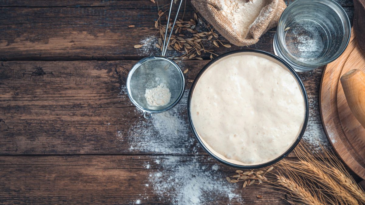 Eine Schüssel mit Sauerteig in der Draufsicht, darum herum Zutaten wie Mehl und Wasser, ein Sieb und Getreide.