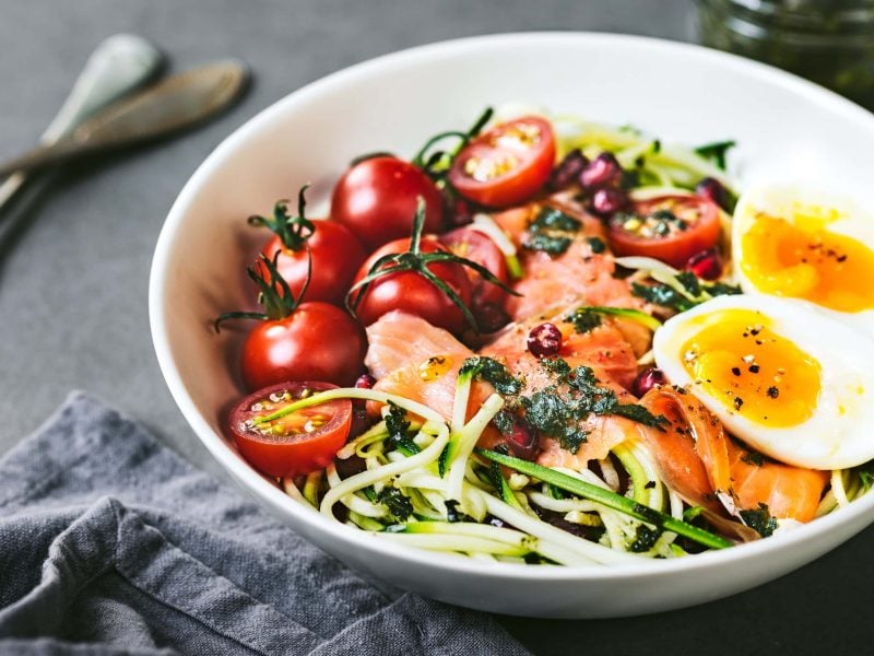 Zoodle-Bowl Low Carb mit Ei, Tomate, Lachs in weißer Schale auf grauem Tisch. Daneben graue Serviette. Oben link zwei Gabeln. Draufsicht.