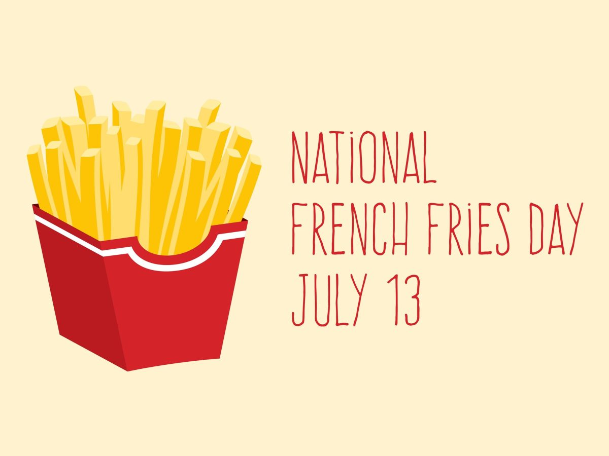 Zum National French Fries Day in den USA Grafik mit roter Pommestüte und Schriftzug. Frontalansicht.