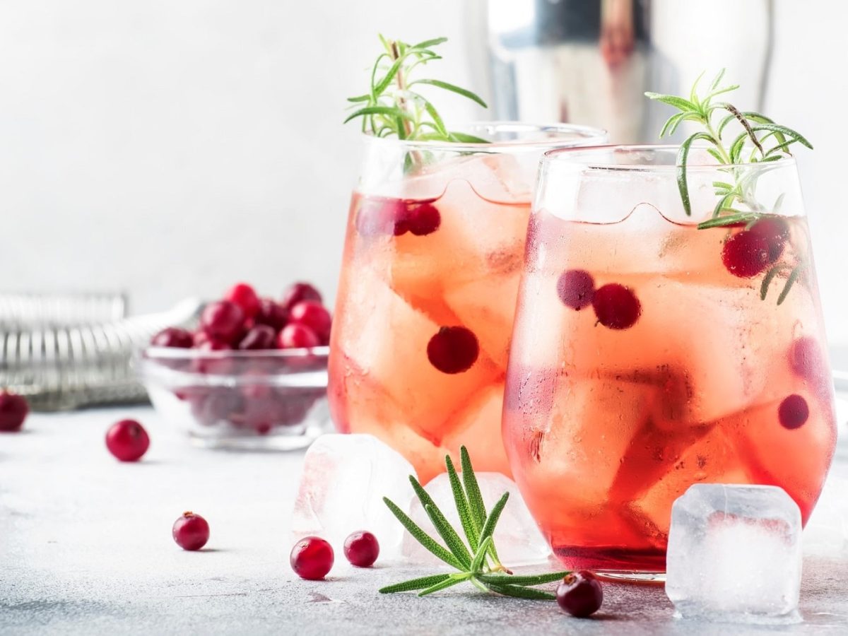 Zwei Gläser Berry-Lime-Cocktail mit Johannisbeeren, Eis und je einem Zweig Rosmarin. Drumherum Eiswürfel und Bar-Equipment.