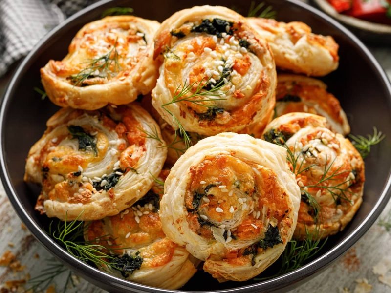 Gefüllte Blätterteig-Häppchen mit Lachs und Spinat in einem schwarzen Teller mit frischem Dill