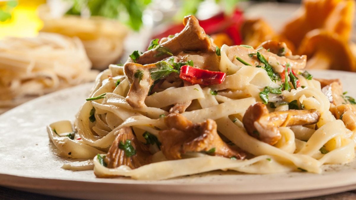 Tagliatelle mit Pfifferlingen und Chili auf weißem Teller. Im Hintergrund Pfifferlinge und Pasta-Nester. Frontalansicht.