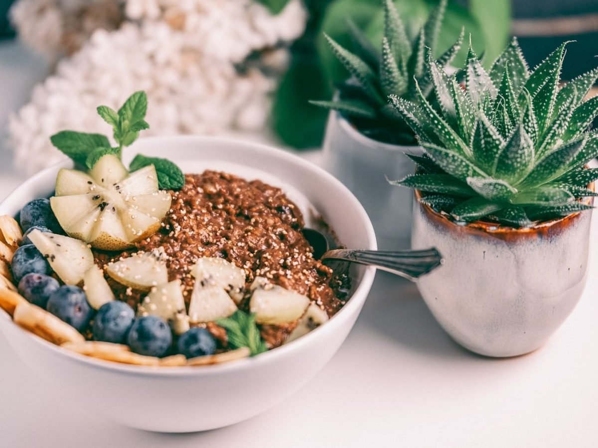 Eine Schüssel Buchweizen-Porridge mit Kakao und frischem Obst, daneben kleine Sukkulenten.