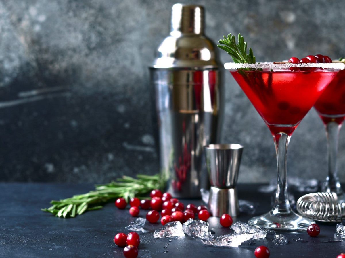 Zwei Christmas-Margarita in Cocktailschale mit Tannenzweig. Im Bild Shaker, Barmaß, Cranberrys und Zweige verteilt. Frontalansicht.