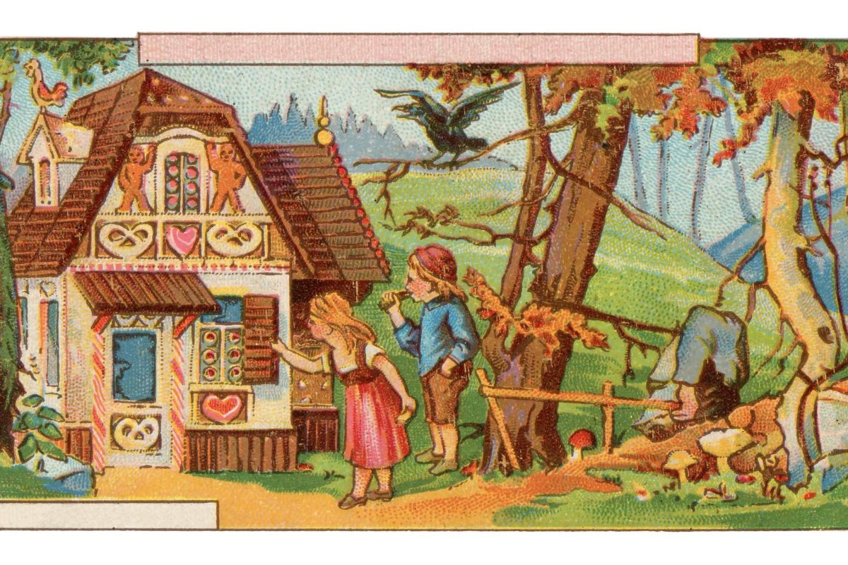 Woher stammt der Name Lebkuchen? Gemälde von Hänsel und Gretel vor dem Lebkuchenhauf in Farbe auf Leinwand. Fronatlansicht.