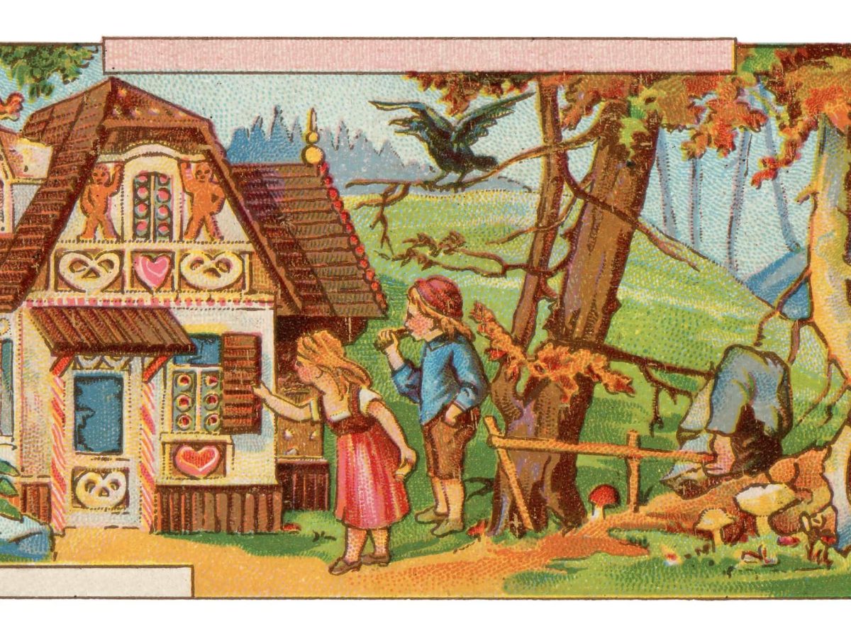 Woher stammt der Name Lebkuchen? Gemälde von Hänsel und Gretel vor dem Lebkuchenhauf in Farbe auf Leinwand. Fronatlansicht.