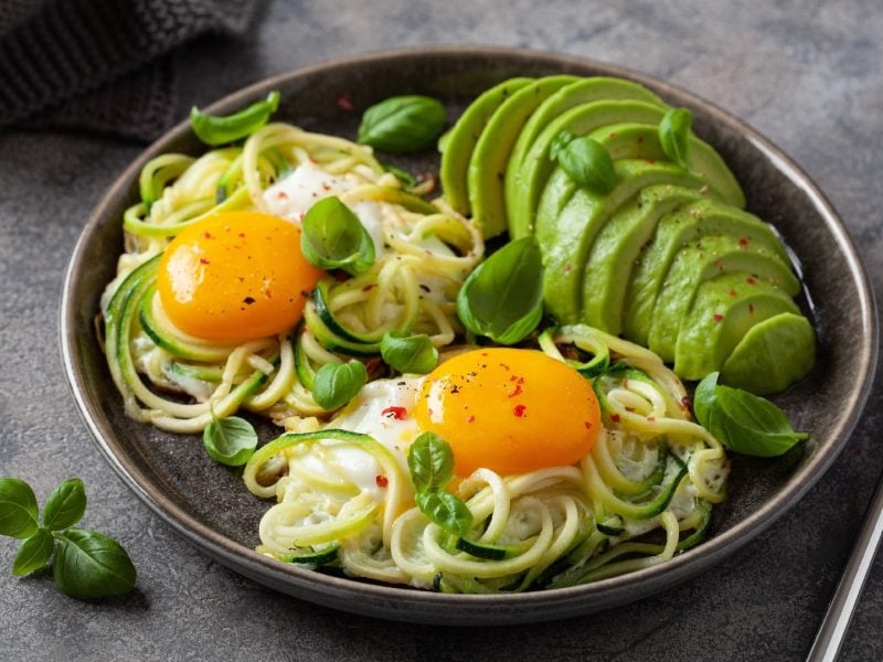 Ein schwarzer Teller auf grauem Untergrund mit zwei Spiegeleiern. Zucchini-Nudeln und einer geschnittenen Avocado. Alles garniert mit Basilikumblättern.