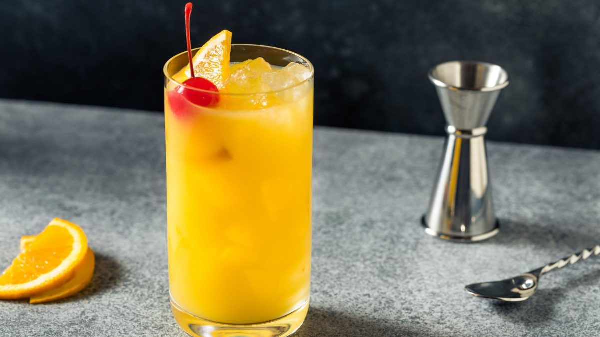 Harvey Wallbanger Cocktail in Longdrinkglas auf grauem Untergrund. Im Bild Barmaß, Barlöffel und Orangenscheibe. Frontalansicht.