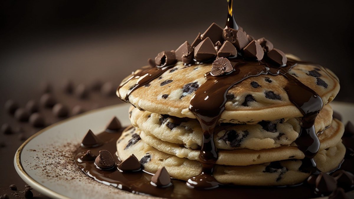 Ein Stapel vegane Schoko-Bananen-Pancakes mit Schokotropfen und Ahornsirup garniert.