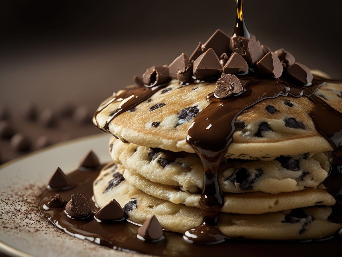 Ein Stapel vegane Schoko-Bananen-Pancakes mit Schokotropfen und Ahornsirup garniert.