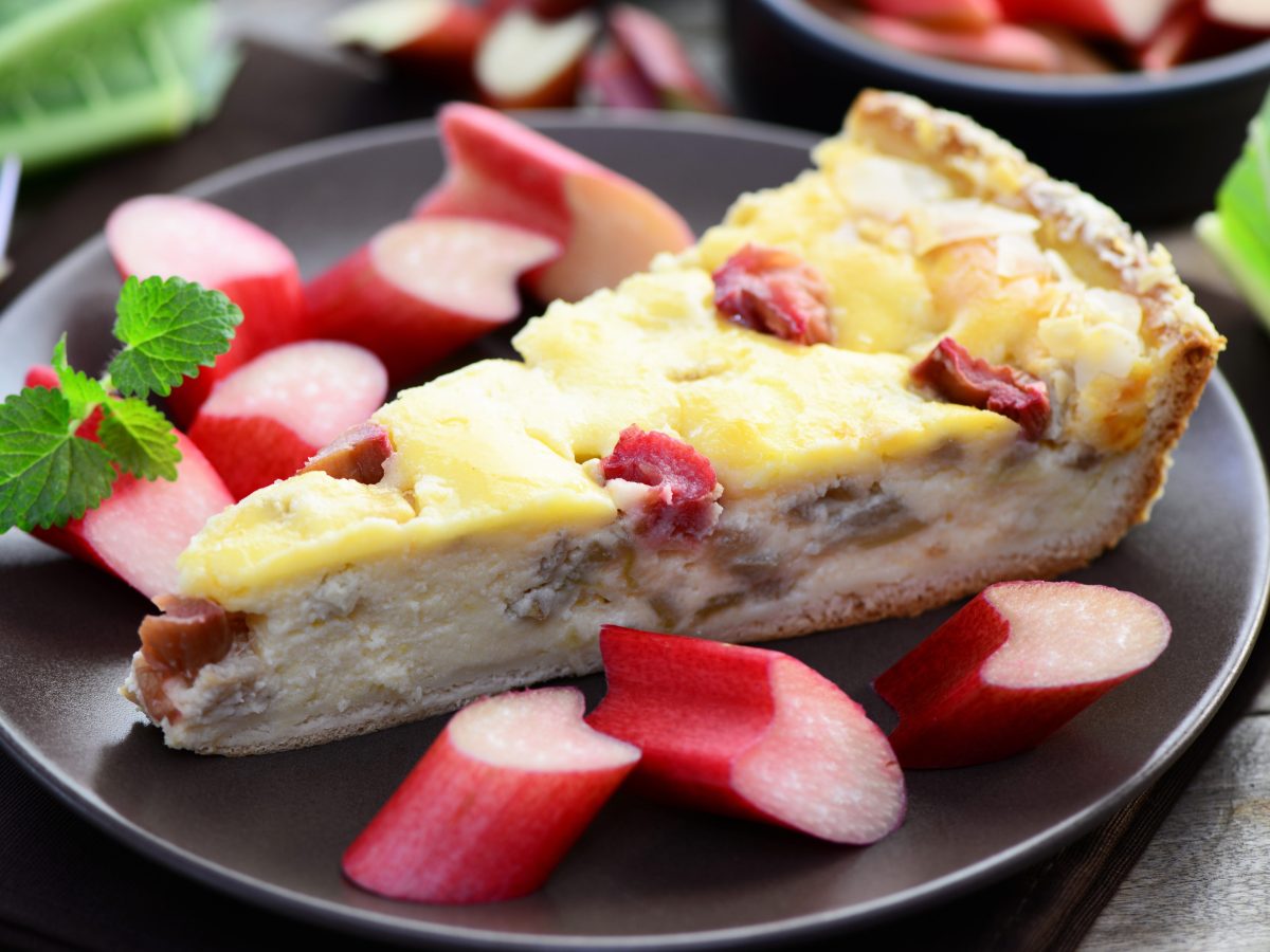 Rhabarber Schmandkuchen mit Rhabarberstücken auf schwarzem Teller.