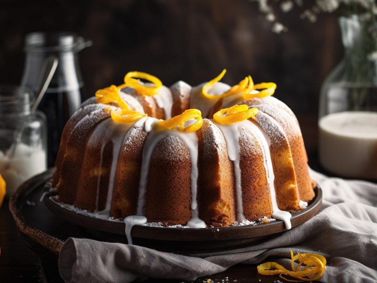 Ein Aperol-Guglhupf mit Orangenzesten und Zuckerguss verziert.