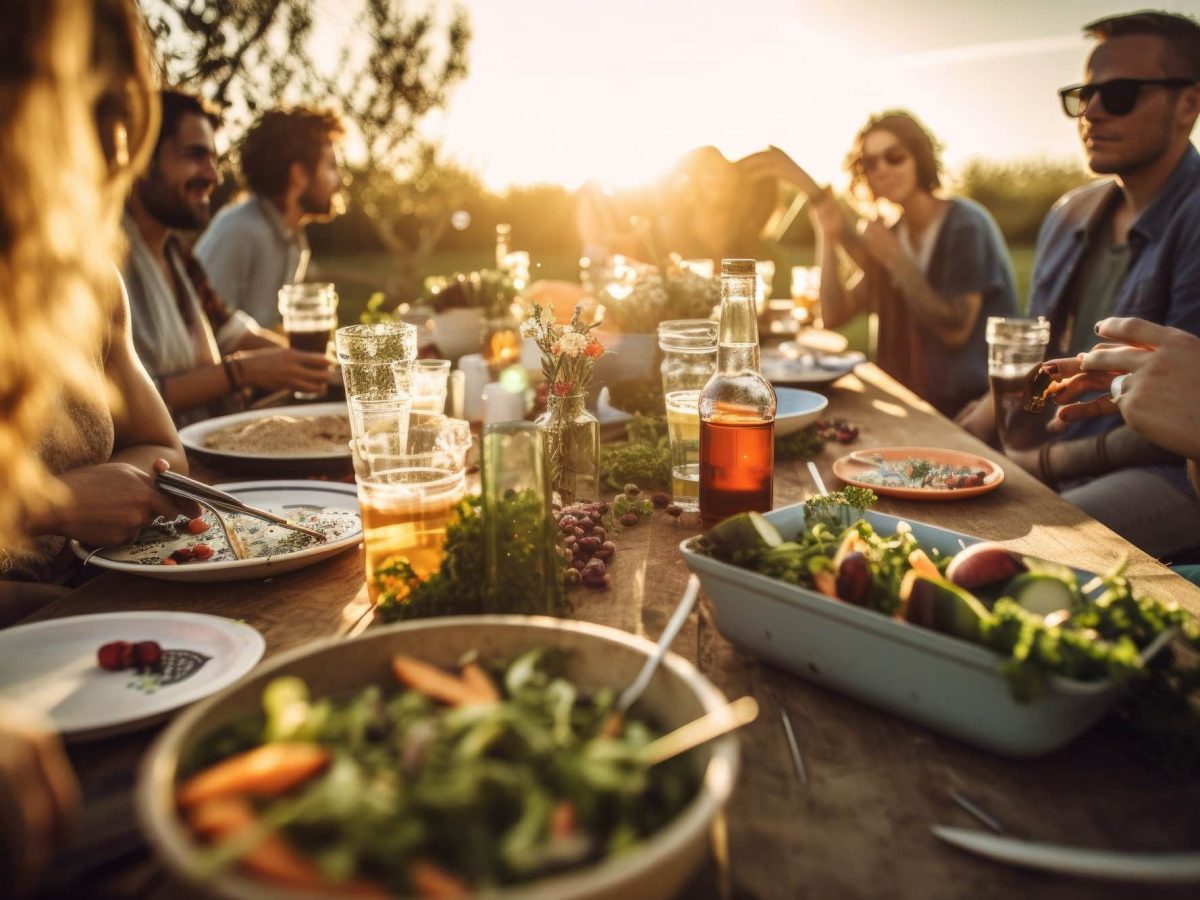 Draußen essen in Berlin: ein paar Freunde sitzen draußen an einem gedeckten Holztisch.