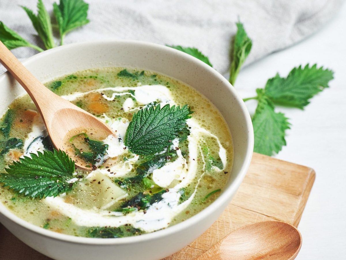 Draufsicht: Eine weiße Schüssel Frühlingssuppe mit Brennnesseln steht auf einem weißem Untergrund. In der Suppe ist ein Holzlöffel. Und neben der Suppe liegt ein weiterer Holzlöffel.