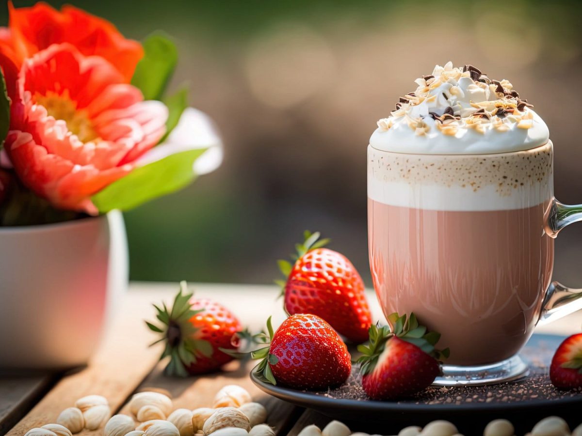 Eine Glastasse Iced Strawberry Latte mit Sahne und Schokostreuseln, daneben frische Erdbeeren und ein Blumenstrauß.