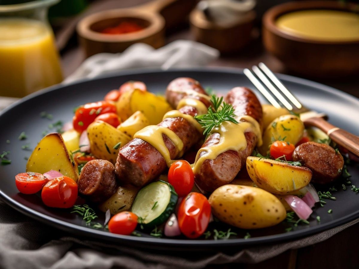 Ein Teller Bratwurstsalat mit Pfannengemüse und Senfdressing.