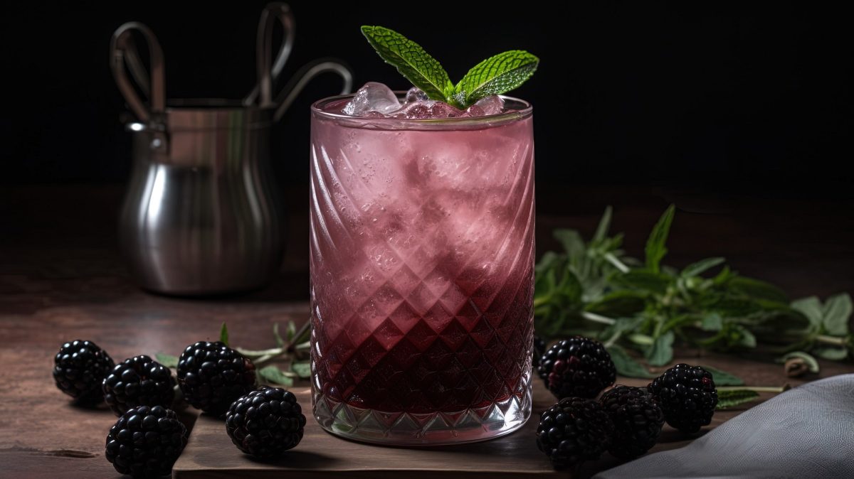 Ein Brombeer Bourbon Smash mit Eiswürfeln und Minze, drumherum liegen frische Brombeeren und Kräuter, im Hintergrund ein Krug. Dunkles Setting.