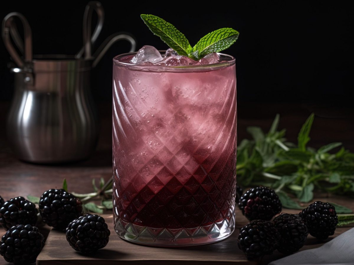 Ein Brombeer Bourbon Smash mit Eiswürfeln und Minze, drumherum liegen frische Brombeeren und Kräuter, im Hintergrund ein Krug. Dunkles Setting.