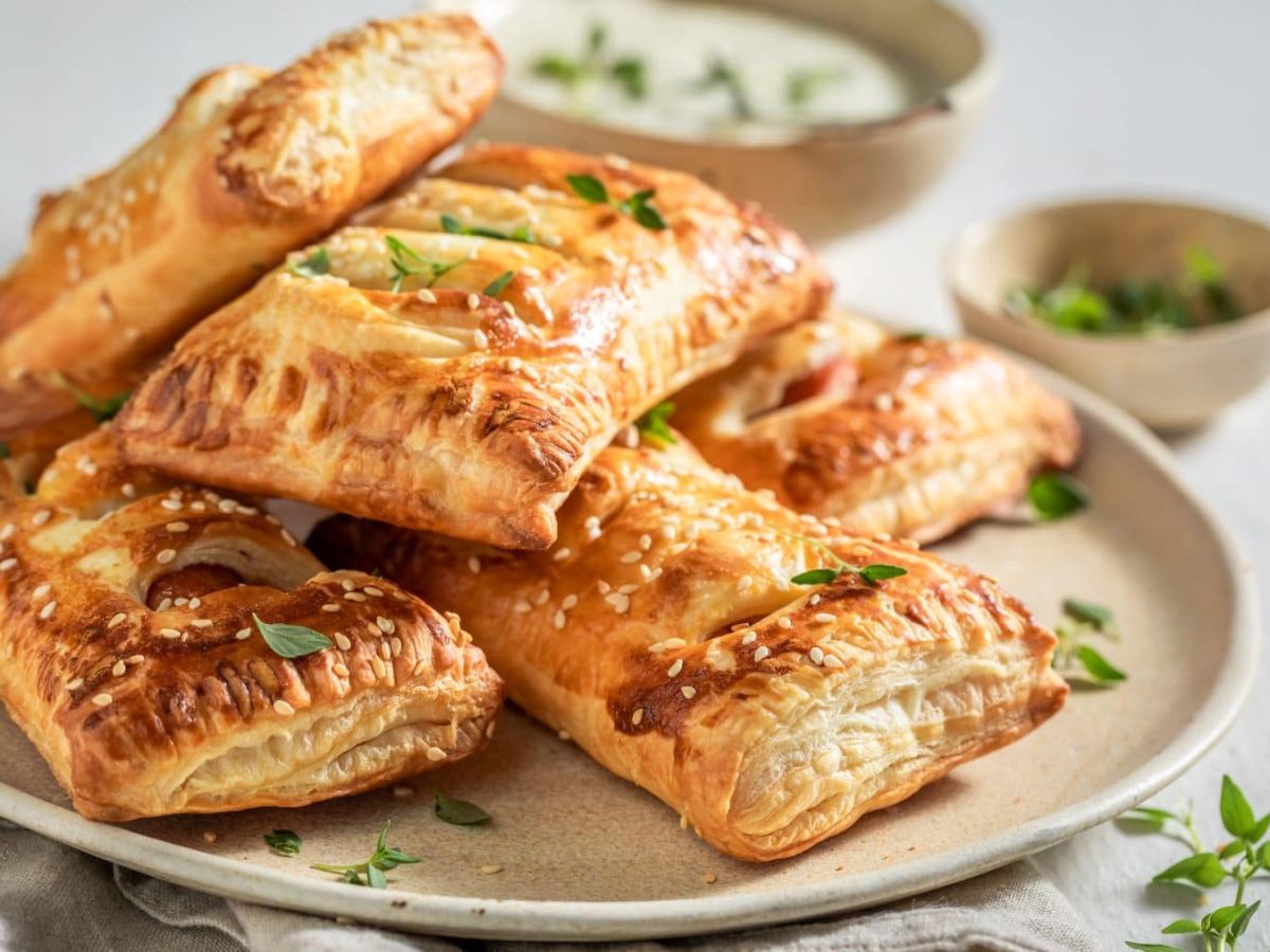 Vier Hotdog Strudel mit Sesam und Thymian auf Teller und hellem Untergrund. Draufsicht.