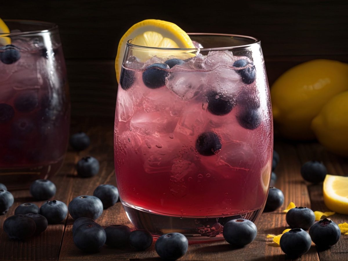 2 Gläser Pink Gin Spritz mit Heidelbeeren und Eis, daran steckt eine Zitronenscheibe, drumherum frische Blaubeeren und Zitronenstücke.