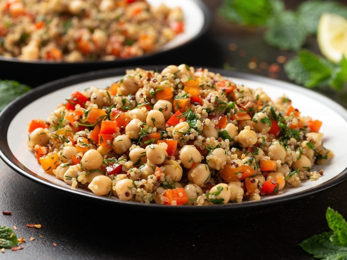 Zwei Teller Thai-Quinoa-Salat mit Paprika und Kichererbsen und Kräutern, daneben liegen frische Minze und Zitronenspalten.