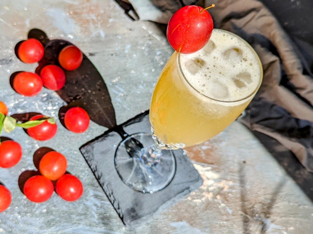 Das Mira-Bellini Glas auf einem Schiefer-Coaster udn grauem Tisch mit Mirabellen und grauer Tischdecke.