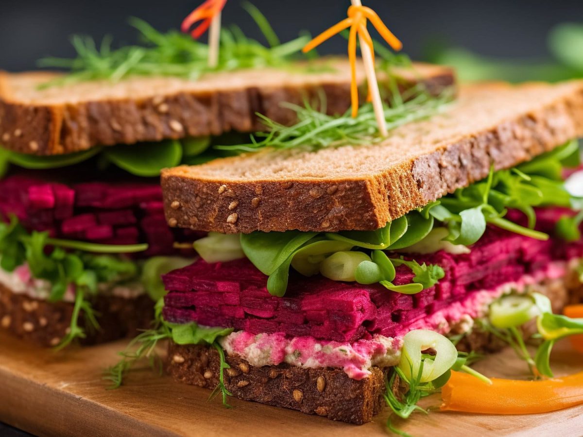 2 Sandwiches mit Rote-Bete-Hummus, Feldsalat, Frühlingszwiebeln und Frischkäse, fixiert mit einem Zahnstocher, auf einem Brett.