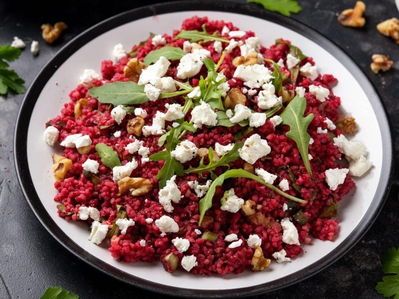 Draufsicht: ein Teller mit Bulgur mit Rote Bete und Walnüssen auf einem dunklen Holztisch. Drum herum sind Walnüsse und Ruccola-Blätter verstreut.