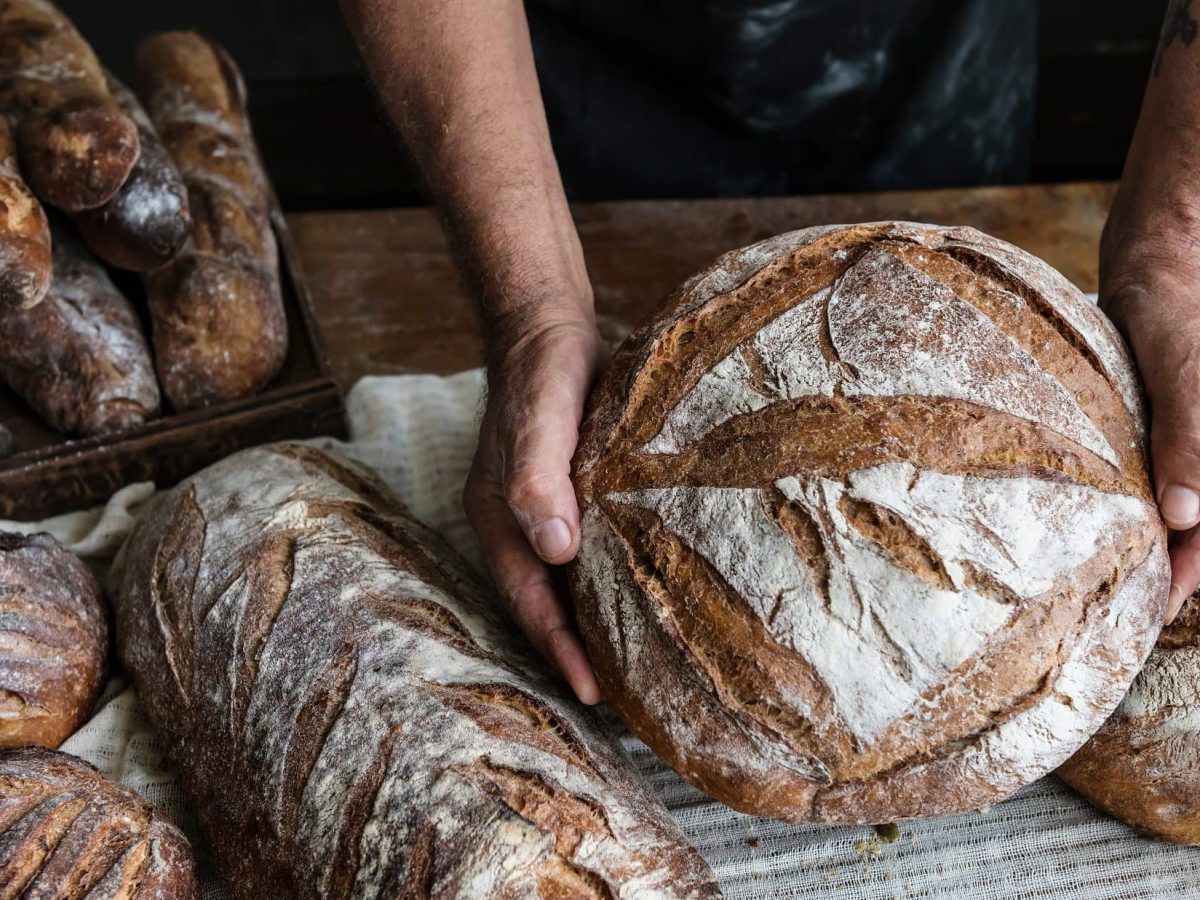 Draufsicht: Zwei Hände halten einen runden Laib Hopfenbrot. Drumherum liegen weitere Brote.