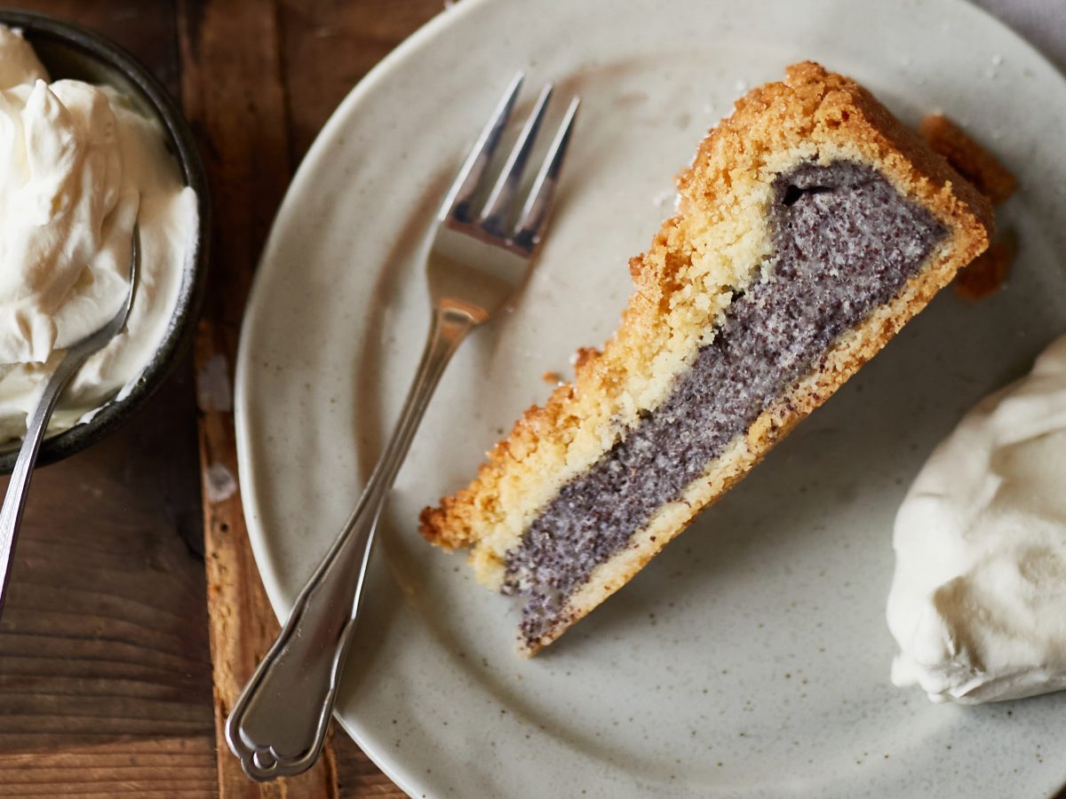 Ein Stück Mohn-Pudding-Kuchen auf einem Teller, darauf auch eine Gabel und ein Klecks Schlagsahne, daneben die Schüssel mit der Sahne. Draufsicht.