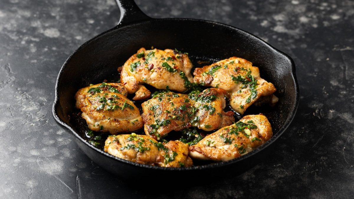 Eine schwarze gusseiserne Pfanne mit Chimichurri Chicken auf einem dunklen Untergrund.