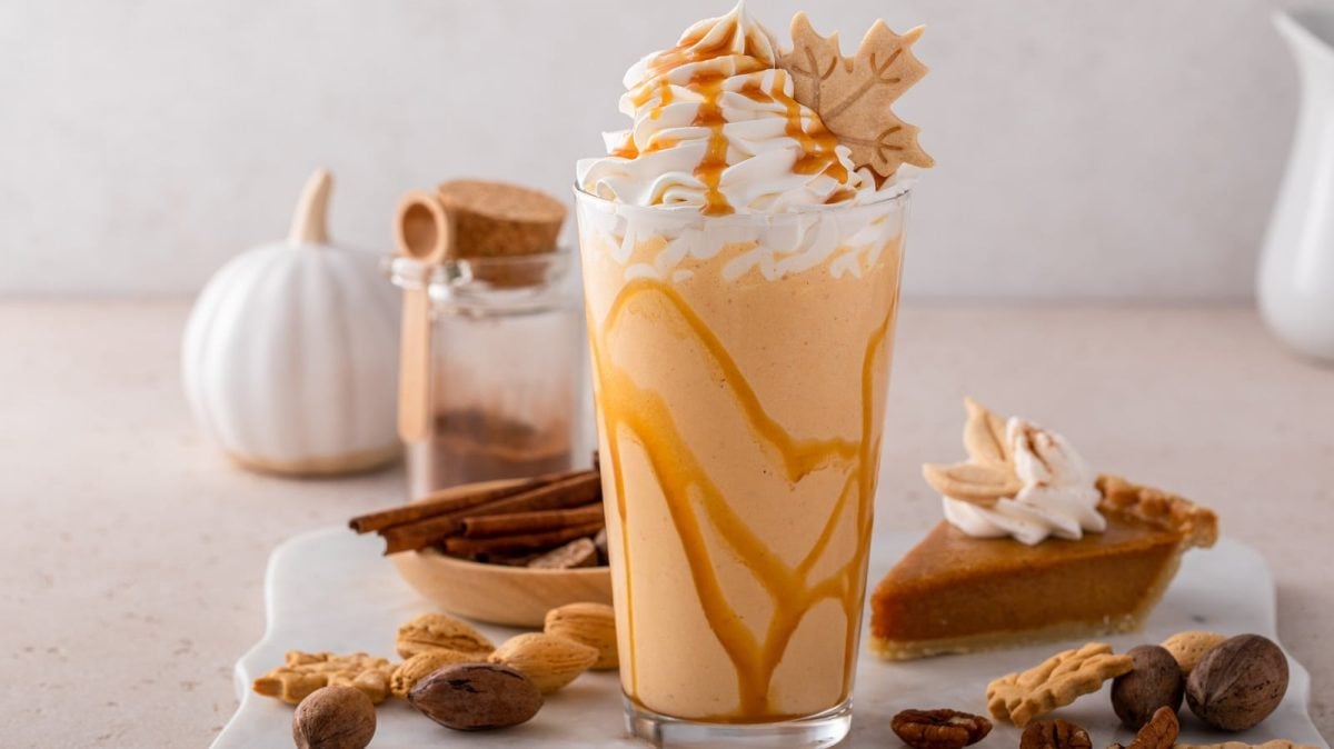 Ein Glas Pumpkin Spice Frappuccino neben einem Stück Pumpkin Pie.