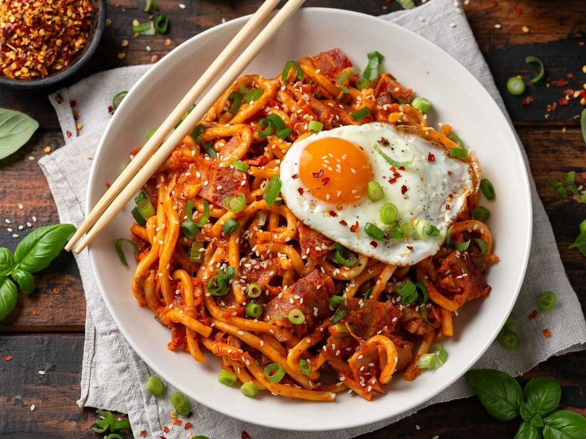 Ein weißer Teller mit gebratenen Udon-Nudeln mit Tomaten.