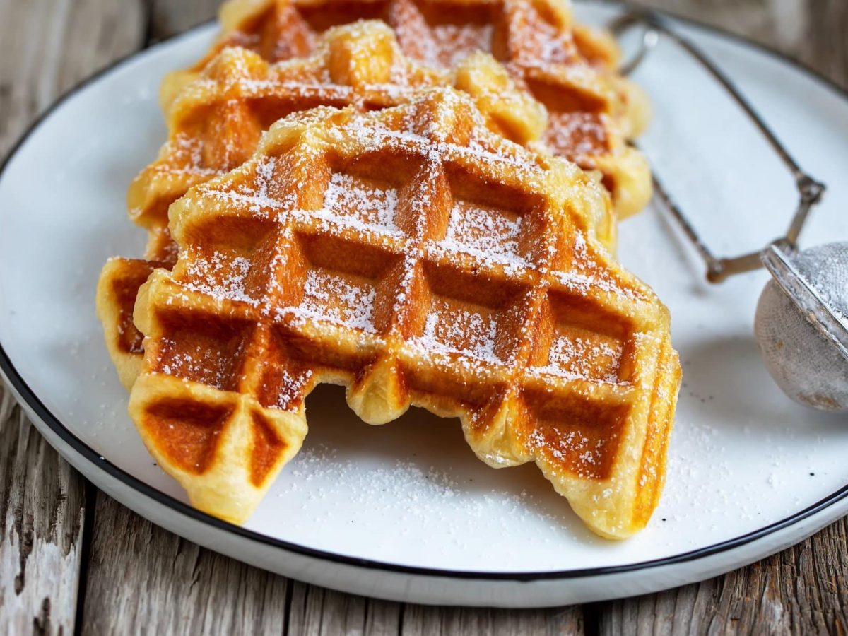 Draufsicht, schräg: Ein weißer Teller mit zwei Croffles und einem Puderzuckersieb auf einem Untergrund aus Holz.