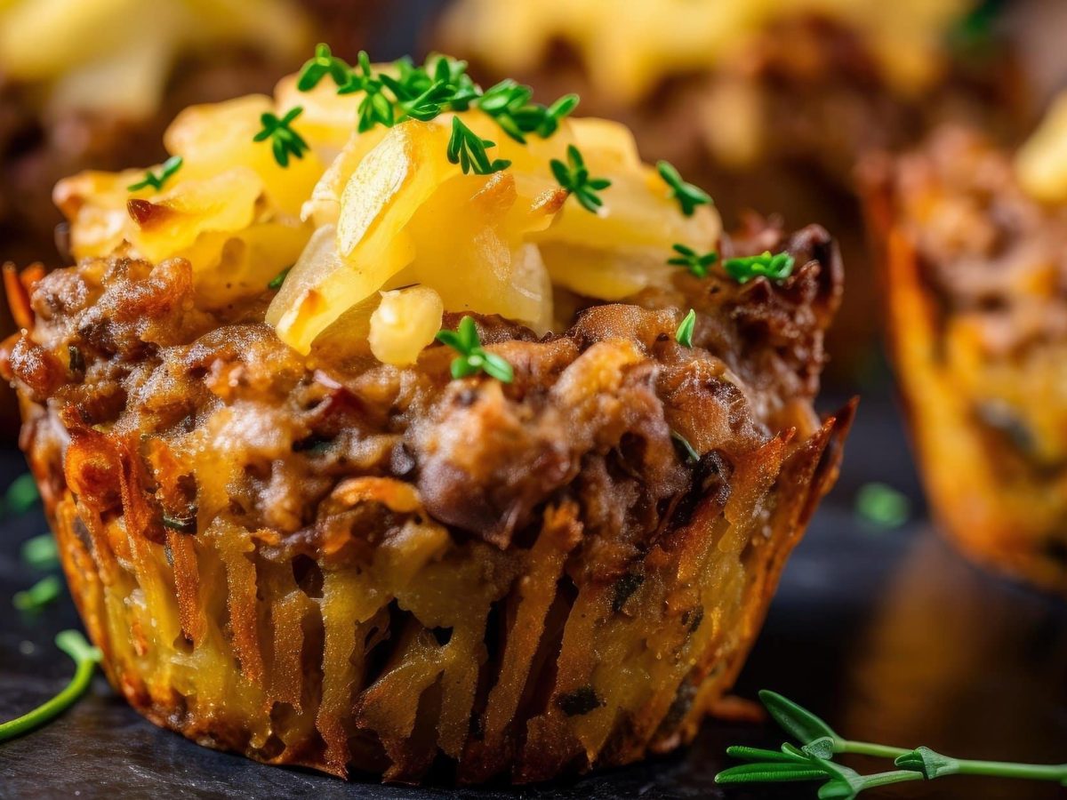 Frontal: Hackfleisch-Muffins mit einem Bratkartoffel-Topping.