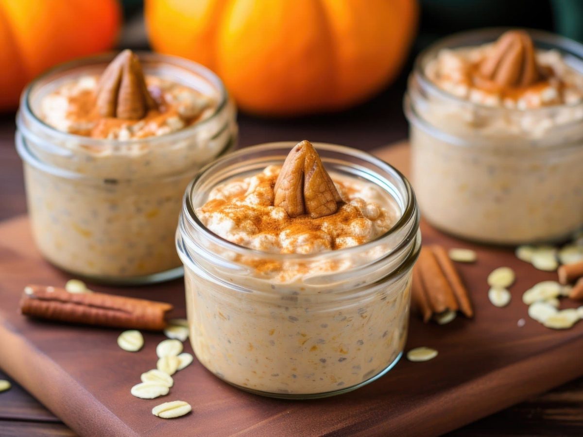 Frontal: Drei Gläser Overnight Oats mit Kürbis und Nüssen. Im Hintergrund liegen zwei Kürbisse.