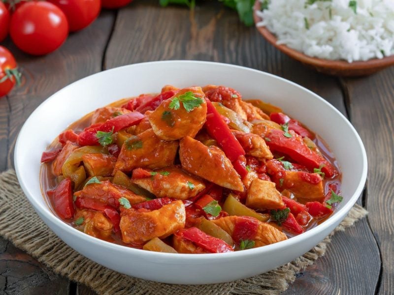 Draufsicht, schräg: Ein weißer, halbhoher Teller mit Hühnchen, Paprika und Tomaten steht auf einem Holztisch. Drum herum liegen frische Tomaten und frische Petersilie. / Tavuk Sote. Die türkische Hähnchenpfanne mit Paprika