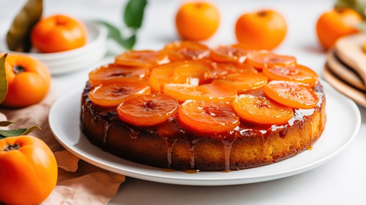 Upside Down Kaki-Kuchen mit Karamell auf weißem Teller, drum herum Kakis.