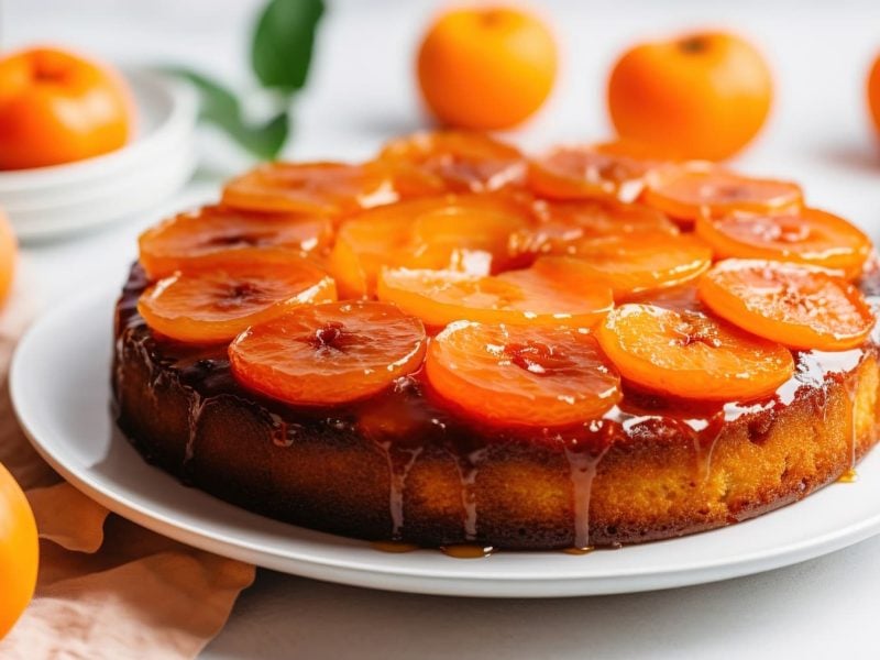 Upside Down Kaki-Kuchen mit Karamell auf weißem Teller, drum herum Kakis.