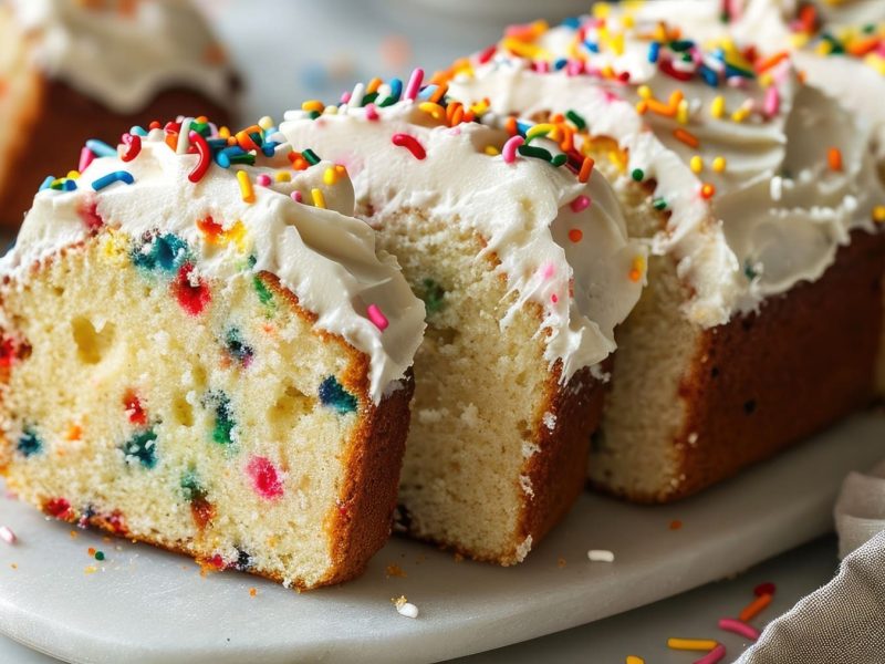 Veganer Funfetti Cake mit weißem Frosting und bunten Streuseln angeschnitten auf weißem Untergrund.