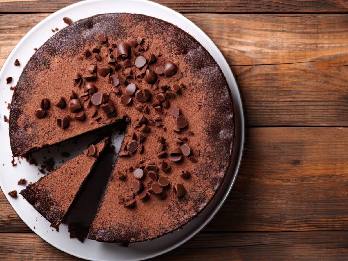 Glutenfreier Schokokuchen auf einem weißen Teller. Der Hintergrund ist aus Holz.