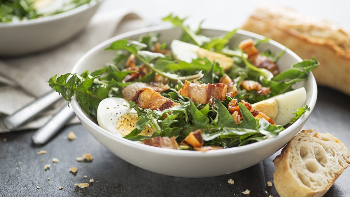 Draufsicht, schräg: eine weiße Schüssel mit Löwenzahn-Salat mit Ei und knusprigen Speck auf dunklem Untergrund. Daneben liegen ein Besteck und Weißbrotscheiben.