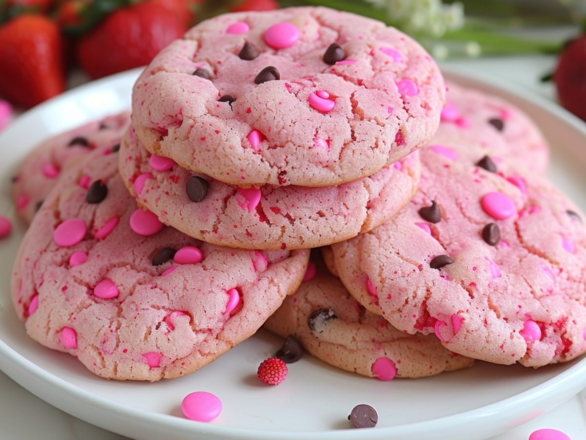 Erdbeer-Cookies auf einem weißen Teller. Hinten auf dem Bild Erdbeeren.