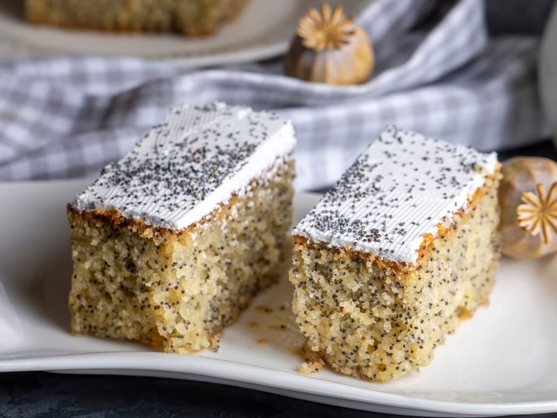 Draufsicht, schräg: Zwei Schnitten türkischer Mohnkuchen vom Blech auf einer weißen Servierplatte aus Porzellan. Dahinter liegt ein grablau-weiß-kariertes Tuch.