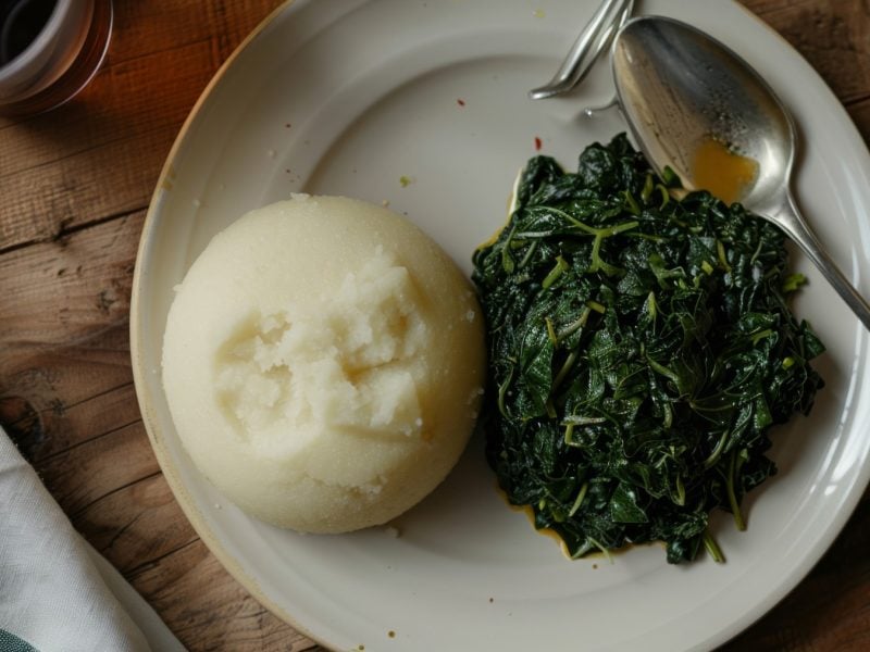 Ugali mit Sukama Wiki auf einem weißen Teller auf braunem Hintergrund.